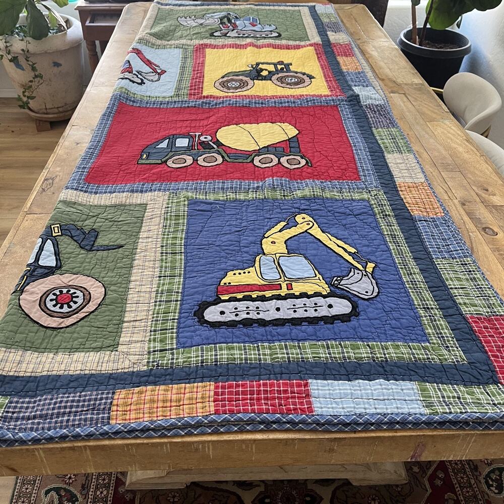 Company Kids Construction Trucks 64"x 92" Comforter Quilted Reversible Plaid